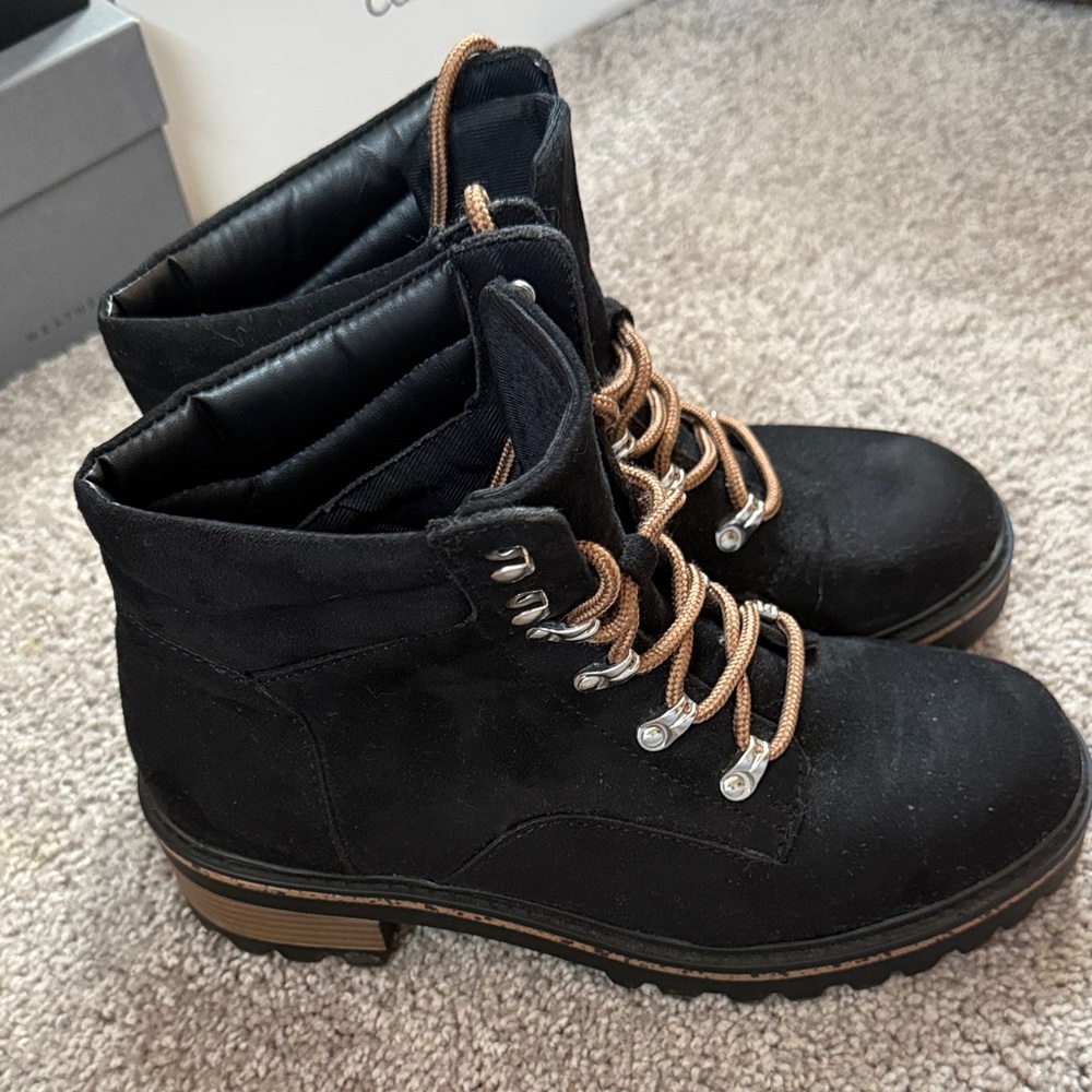 Journee Collection Black Ankle Boots with Tan Laces